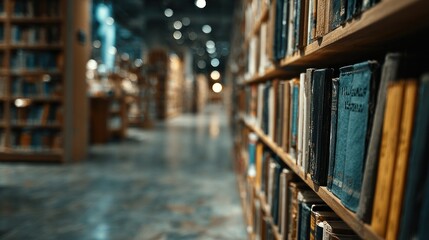 Library interior, bookshelves, rows