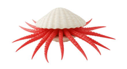 Surreal seashell with red octopus tentacles isolated on white background