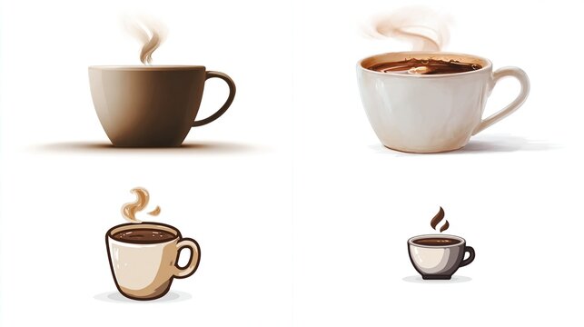 Four steaming coffee cup illustrations show different styles, sizes, and shading variations - Powered by Adobe