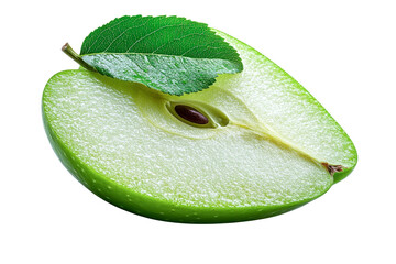 green apple slice with leaf on transparent background