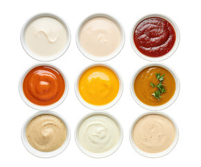An assortment of colorful sauces in white bowls isolated on transparent background