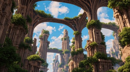 Obraz premium Majestic ancient ruins intertwined with lush greenery under a bright blue sky