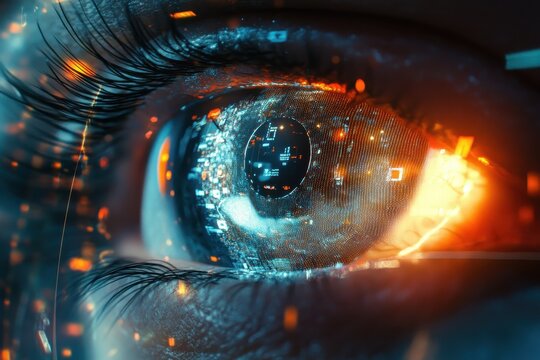 Futuristic data visualization reflected in a human eye showcasing advanced technology, Wide view of an eye engaged in a futuristic data stream visualizing the potential of modern science