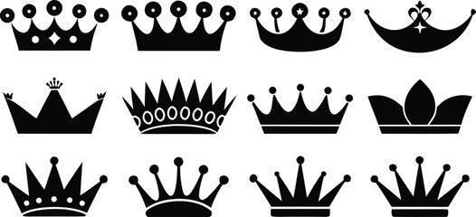 A versatile vector set of regal gold crown icons, perfect for royal king and queen emblems, luxury logos, and heraldic vintage designs