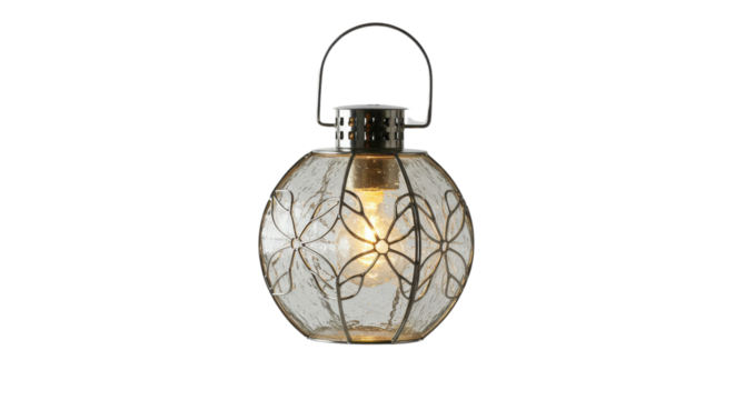 Isolated Decorative Spherical Glass Lantern Lamp with Cracked Glass and Floral Pattern isolated on Transparent Background