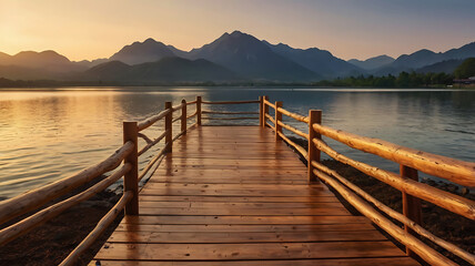 A wooden walkway leading toward a mountain range at sunset. Blurred background for text placement. Natural golden lighting. 
