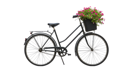 Black vintage bicycle with front basket of pink flowers isolated on white