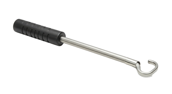 Stainless Steel Meat Hook Tool with Black Ribbed Handle isolated on Transparent Background