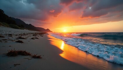 Obraz premium Melancholy Sunset on a Deserted Beach Waves Crashing, Seaweed, Shells, Somber Orange Sky, Lonely Landscape