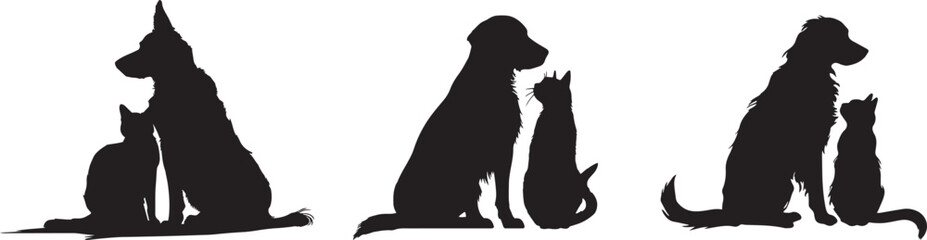 Dog and Cat Silhouettes Set. Pet Friendship Vector Illustration on White Background