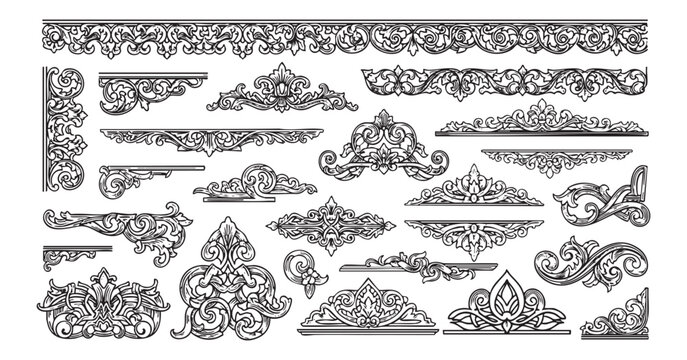 Ornate Decorative Borders Vector Engraving Set