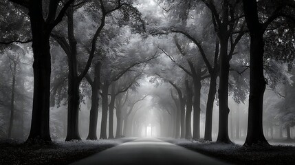 Obraz premium Foggy trees lining a path