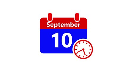 10 september month calendar with time symbol. Simple calendar icon animation and date change of time month.