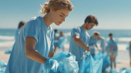 Group of volunteers cleaning a beach, environmental activism