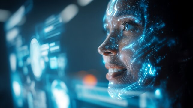 Focused woman working on a holographic digital screen in blue light
- Powered by Adobe