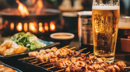 BBQ Feast: A delicious barbecue feast featuring grilled skewers and a refreshing beer. The warm glow of the grill complements the tantalizing food arrangement.