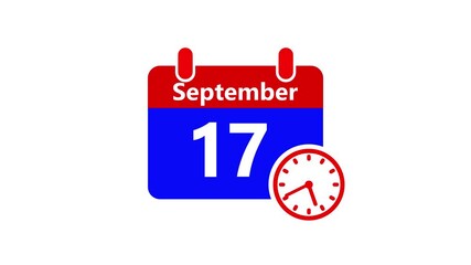 17 september month calendar with time symbol. Simple calendar icon animation and date change of time month.