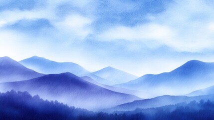 Fototapeta premium Serene watercolor landscape depicting layered blue mountains under a cloudy sky