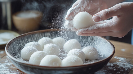 Mochi Creation: A close-up shot showcasing a pair of hands meticulously dusting freshly made mochi balls with fine powdered sugar, highlighting the artistry of mochi creation.
