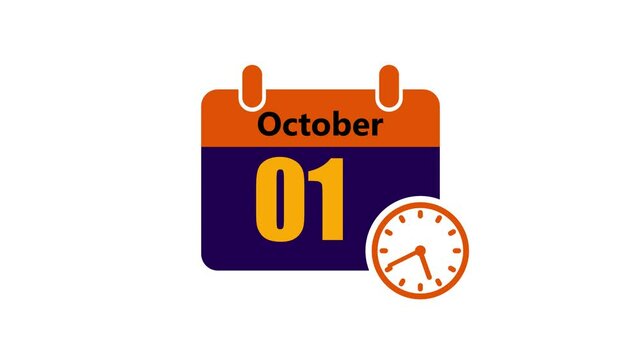 01 october month calendar with time symbol. Simple calendar icon animation and date change of time month.