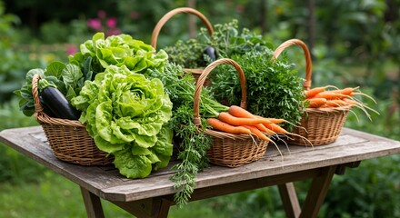 Baskets filled with freshly harvested vegetables like lettuce, carrots, and herbs, arranged neatly on a garden table.