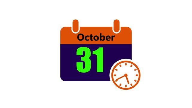 31 october month calendar with time symbol. Simple calendar icon animation and date change of time month.