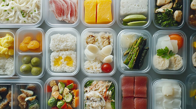 Culinary Compilation: A vibrant assortment of packed lunches showcases a diverse array of fresh and healthy food items, highlighting meal preparation and balanced eating. 