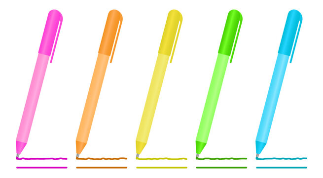 Flat vector of five-color gel pens (blue, green, yellow, orange, pink) with visible straight ink strokes.
