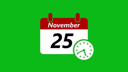 25 november month calendar with time symbol. Simple calendar icon animation and date change of time month.