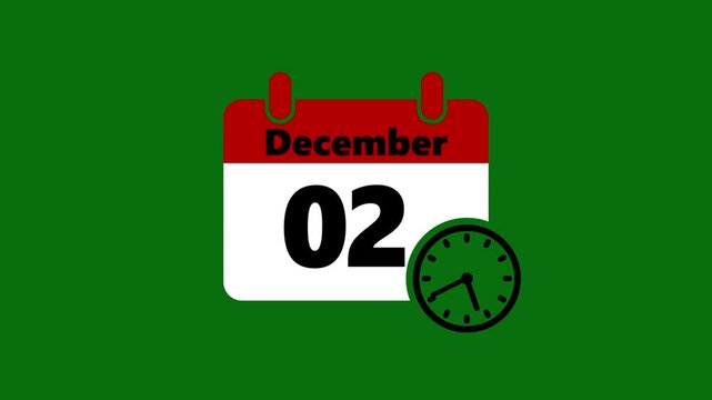 02 december month calendar with time symbol. Simple calendar icon animation and date change of time month.