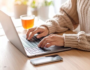 Close-up of a woman working on a laptop at a home office, with a cup of tea and a phone nearby.