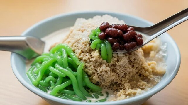 A refreshing bowl of cendol with green jelly noodles, red beans, and shaved ice is served on a light wooden table, evoking a delightful sweet dessert experience.