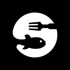 Food logo design that combines the letter s with a fish and fork.