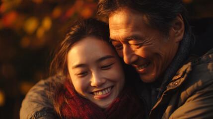 East Asian father gently adjusting his East Asian daughter's scarf in a park during golden hour