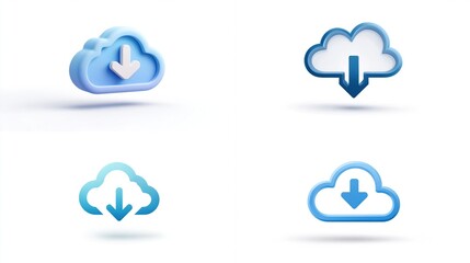 Four cloud-shaped download icons; gradient-filled, outlined, light blue hues, on white