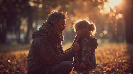 East Asian father gently adjusting his East Asian daughter's scarf in a park during golden hour