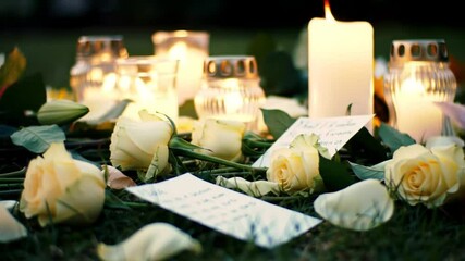 Memorial Scene with Lit Candles, White Roses, and Handwritten Notes on Green Grass