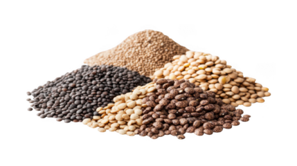 Four piles of assorted dried beans and lentils isolated on transparent background