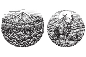 Obraz premium Mountain Forest and Wildlife Vector Engraving Set in Circles