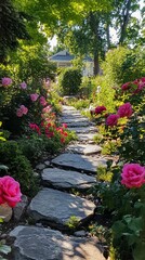 Obraz premium Garden with blooming roses and a stone path.