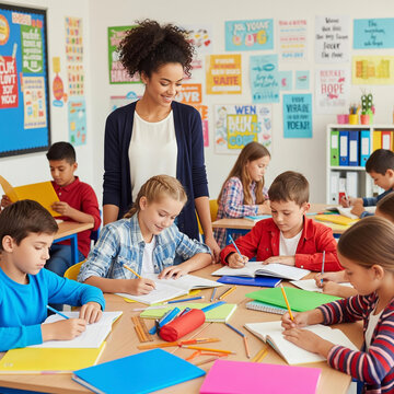 Smiling teacher assists elementary school students during a classroom lesson, focused on writing and learning.
