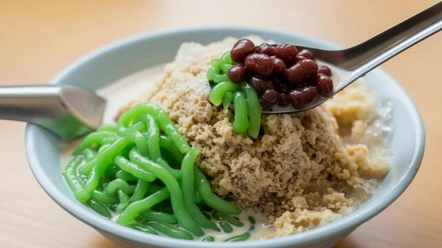 An inviting bowl of cendol features vibrant green noodles, red beans, and shaved ice drizzled with coconut milk and palm sugar, offering a refreshing sweet dessert.