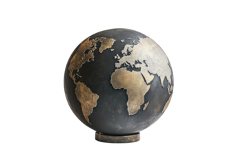 Classic globe art in sepia tones with thin black map outlines in elegant spherical design isolated on a transparent background