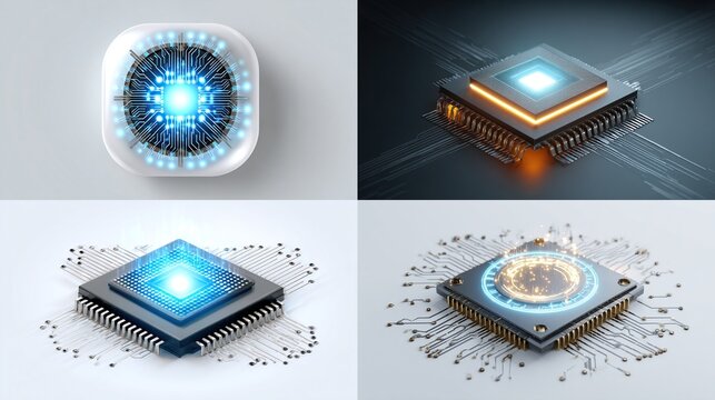 Conceptual 3D renderings of futuristic computer chips with glowing cores and circuit boards
