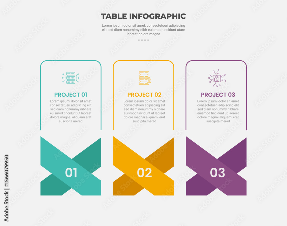Aufkleber pricing table box infographic outline style with 3 point template with x shape cross with open box t