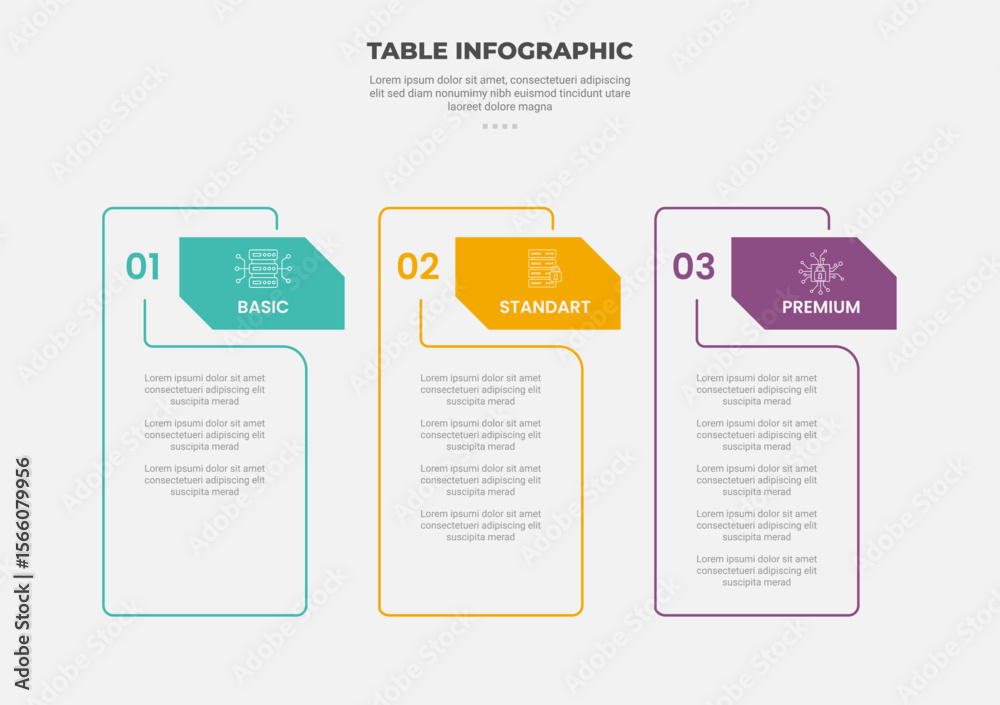 Aufkleber pricing table box infographic outline style with 3 point template with open box with badge header la