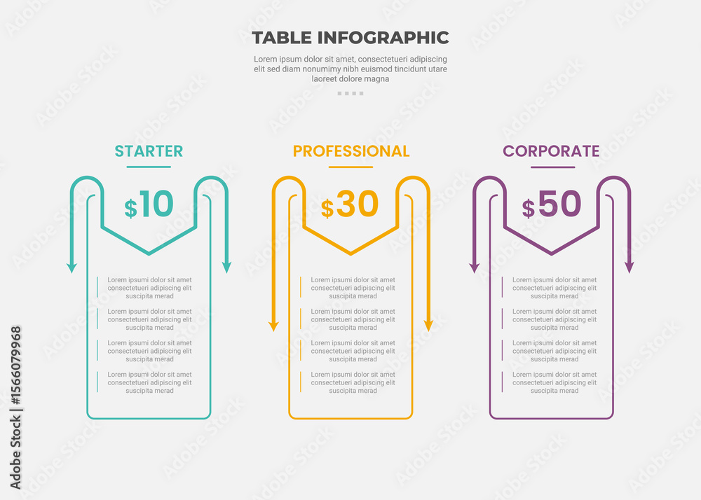 Aufkleber pricing table box infographic outline style with 3 point template with open arrow badge header for s