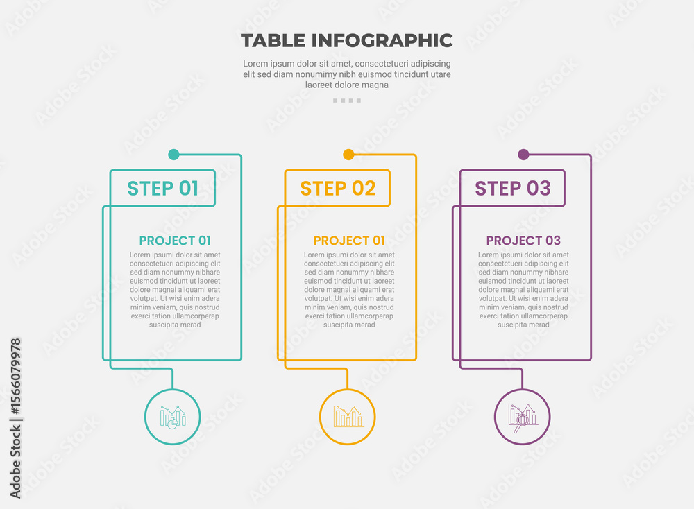 Poster pricing table box infographic outline style with 3 point template with creative box with circle badg