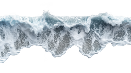Dynamic ocean wave cresting and breaking with white foam isolated on transparent background