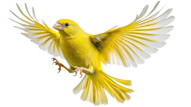 Bright yellow canary bird with wings spread wide in flight isolated on transparent background